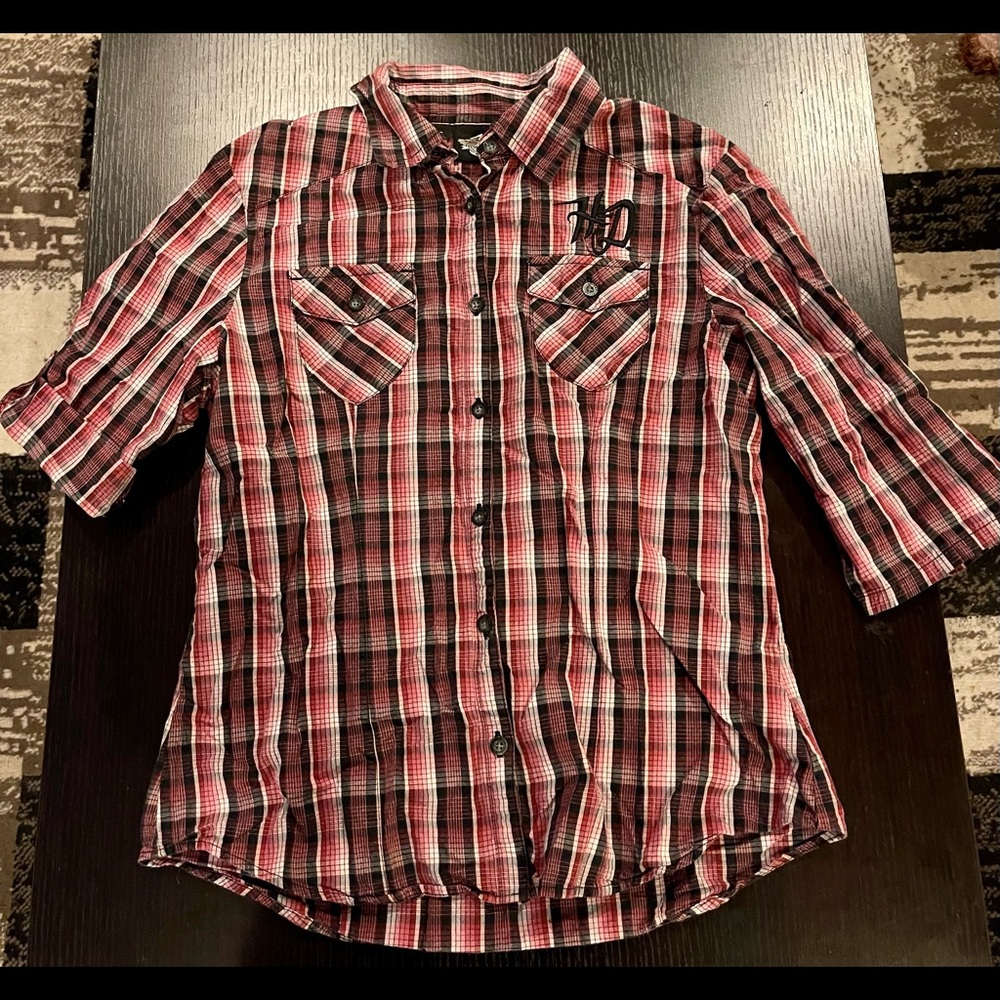 Ladies Pink Plaid Harley Davidson Button Up Shirt Sz Small